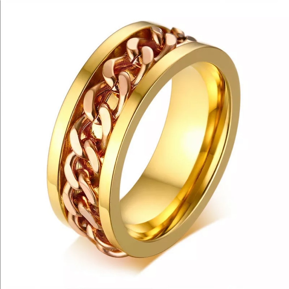 💖 Size 6 1/2 Hypoallergenic Stainless Steel Chain Gold Ring NEW